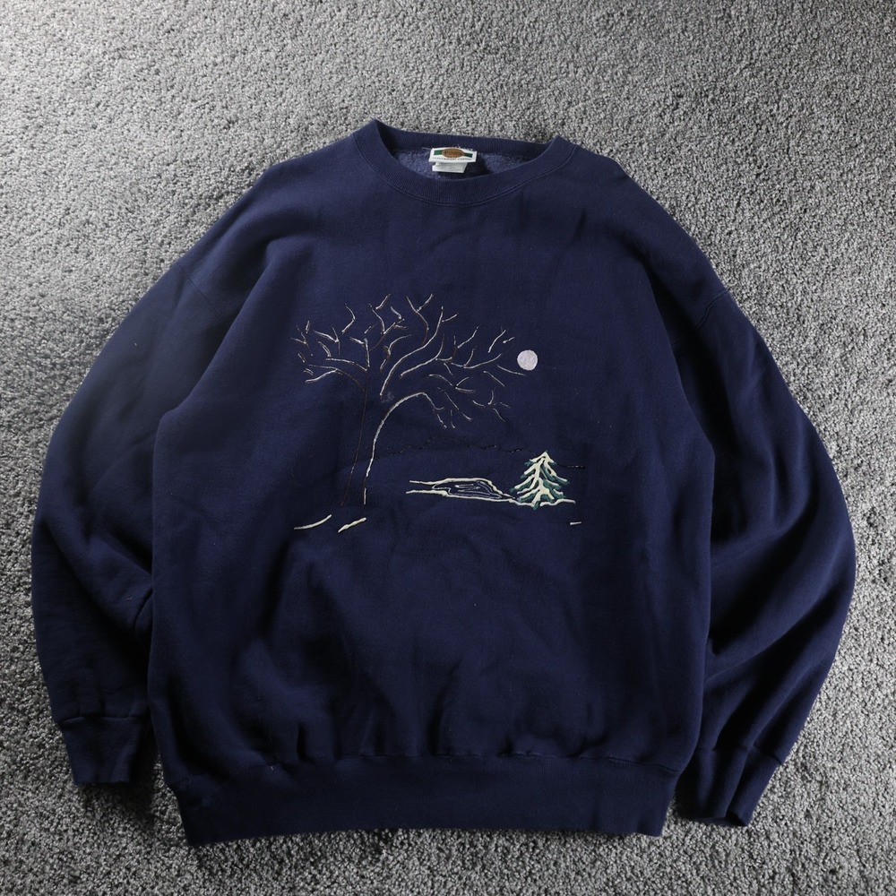 Vintage 90s Spalding Large Navy Embroidered Winter Tree Crewneck Sweatshirt
